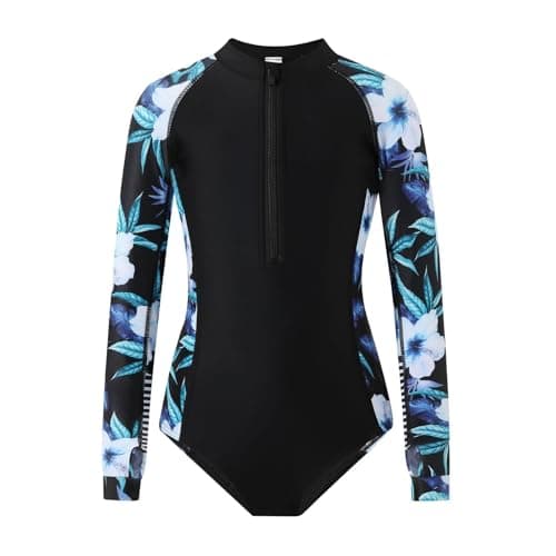 Image of OXUBOAO Kids Swimming Costume for Girls Long Sleeve Swimsuit Girls One Piece Bathing Suit Floral Zipper Swim Suit (Black,10-12T)