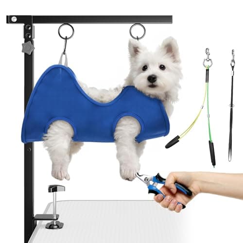 Image of Foldable Dog Grooming Arm with Clamp: Adjustable Height 26"-40", Dog Grooming Table Arm with Hammock and No-Sit Holder, Restraint for Small Medium Dogs at Home or Salon