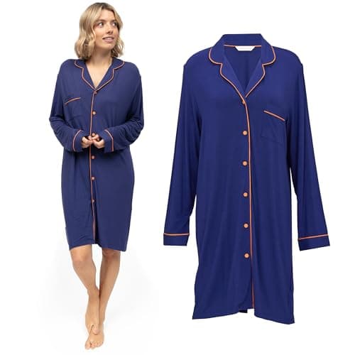 Image of Cyberjammies Indigo Womens Revere Jersey Nightshirt | Soft Modal Ladies Pyjamas | Comfortable PJs Nightie and Nightdress | Relaxed Lounge Wear Style