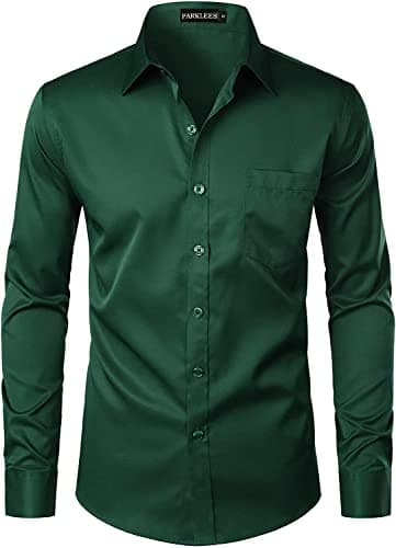 Image of PARKLEES Men's Urban Stylish Casual Business Slim Fit Long Sleeve Button Up Dress Shirt with Pocket Dark Green L