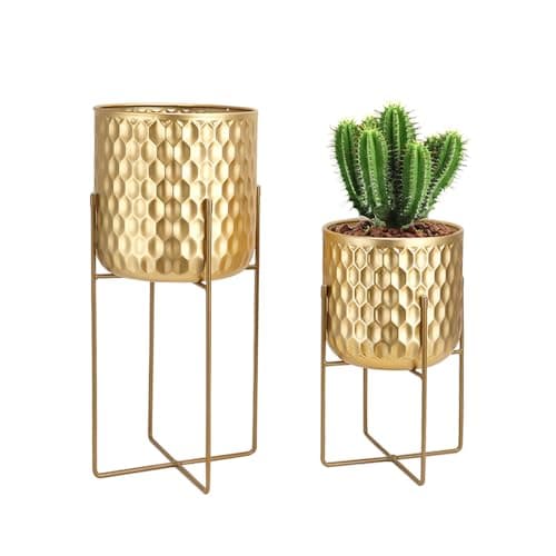 Image of TRIROCKS Set of 2 Modern Metal Planters with Stands 31cm &45cm Flower Holders Pots for Indoor Outdoor Kitchen Living Room Corner Garden Balcony Patio Decor (Gold)