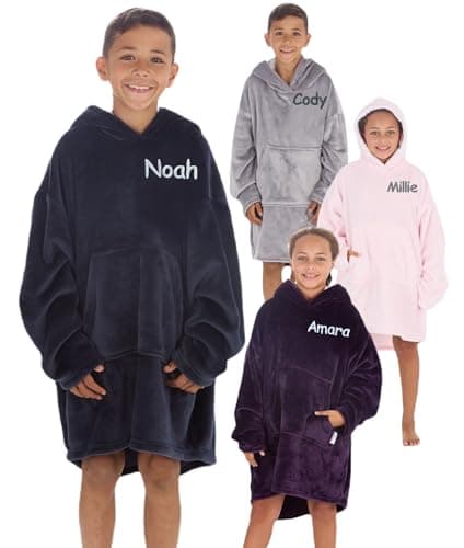 Image of Personalised Kids Oversized Hoodie Blanket Soft Fleece Wearable Hoody Childrens Snuggle Cosy Hooded Blanket for Girls Boys Age 7-13 Years (Charcoal 7-13 Years)