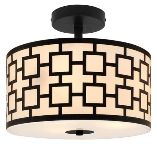 Image of Art Deco Frosted Glass Ceiling Light Flush Mount Opal Arcylic Drum Lamp Shade Black Chequered H3124