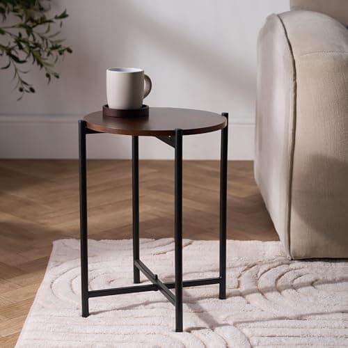 Image of OHS Small Coffee Table, Dark Wood Top Round Side Table for Living Room End Tables with Sturdy Metal Frame Decorative Nightstand Bedside Tables for Bedroom Office