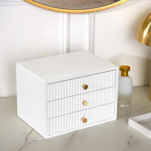 Image of OHS White Wooden Desktop Drawers Ribbed, Small Desktop Organizer Office Supplies Filing Tidy Storage Shelf Stackable Makeup Container Jewellery Box Storage Cabinet with 3 Drawers