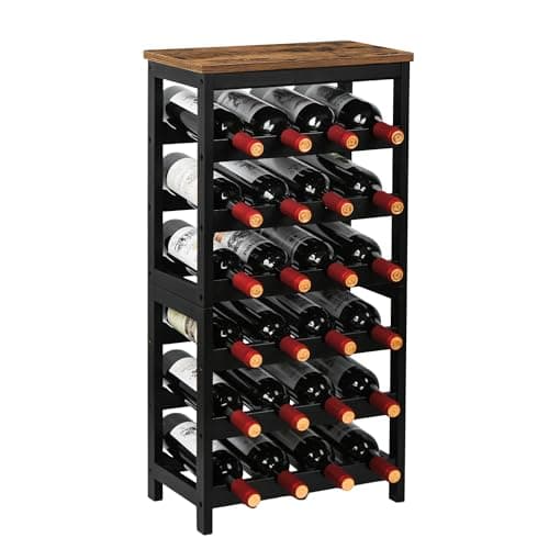 Image of VASMIA Wine Rack Freestanding Floor, 6-Tier Display Wine Storage Shelves with Table Top, 24-Botttle Bamboo Wine Rack Shelf for Kitchen Bar Dining Room Living Room, Rustic Brown
