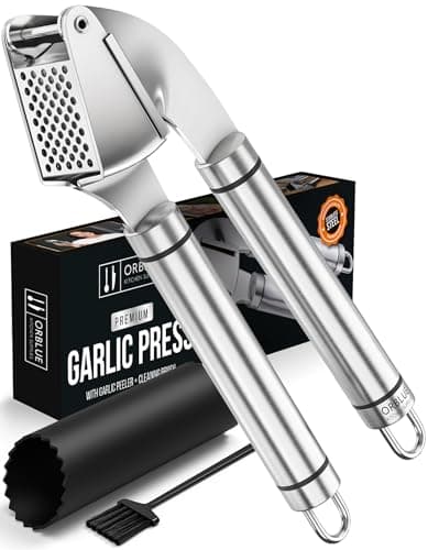 Image of ORBLUE Garlic Press Stainless Steel Heavy Duty – Premium Garlic Crusher & Mincer with Silicone Garlic Peeler and Cleaning Brush – Easy-Clean Kitchen Gadget, Dishwasher Safe