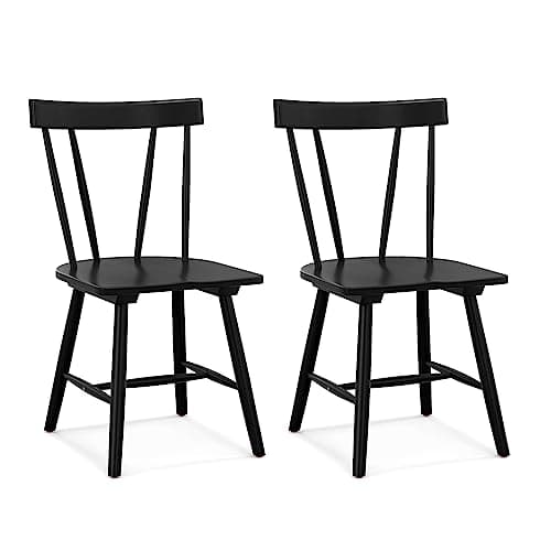 Image of COSTWAY Dining Chairs Set of 2, Rubber Wood Kitchen Chairs with Spindle Back and Wide Seats, Windsor Side Leisure Seat for Living Room Restaurant Cafe (Black)
