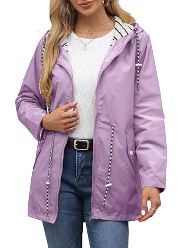 Image of DINGJIUYAN Women's Breathable Waterproof Jacket Portable Waterproof Jacket with Hooded Outdoor Windproof and Waterproof Jacket Sports Climbing Cycling Clothing Purple XL