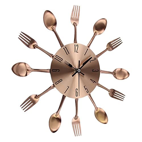 Image of Kitchen Metal Copper Wall Clocks with Spoons and Forks 3D Removable Modern Creative Cutlery Kitchen Spoon Fork Wall Clock for Great Home Decor and Nice Gifts (Copper-33CM)