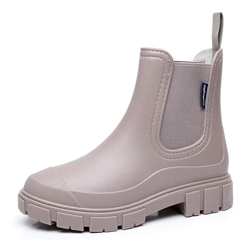 Image of DRECAGE Wellies Boots Women Waterproof Short Chelsea Fashion Ladies Comfortable Rain Boots Outdoors Garden Walking Apricot 4 UK