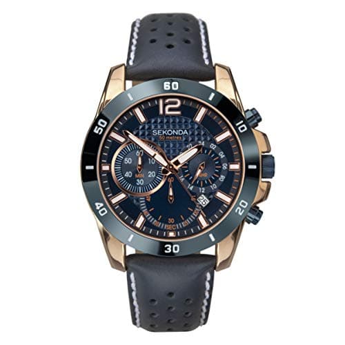 Image of Sekonda Solo Mens Watch – 44mm Sport Chronograph Watch for Men with Dark Blue Leather Strap, Date Window and Fixed Bezel – 50m Water Resistant – 2 Year Warranty