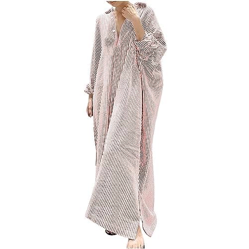 Image of Zeiayuas Striped Maxi Dresses for Women Cotton Linen Shirt Dress Italian Kaftan Long Dress Button Down Oversized Beach Dresses Summer Loose Casual Holiday Dresses Lapel Long Sleeve Tunic Dresses Pink