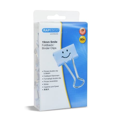 Image of Rapesco 1424 19 mm Smiles Foldback Clips, Powder Blue, Pack of 80