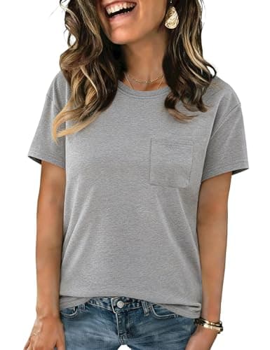 Image of Crewhpo T Shirts for Women Short Sleeve Crew Neck Basic Summer Tee Tops with Chest Pocket Casual Baggy Elegant Blouses Light Grey