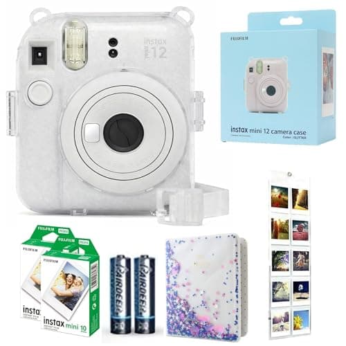 Image of Fujifilm INSTAX Mini 12 Camera Clay White id Bundle – Includes Mini 12 White Camera, 20-Shot INSTAX Mini Film, Clear Glitter Camera Case, Photo Album & Hanging Wall Photo Display