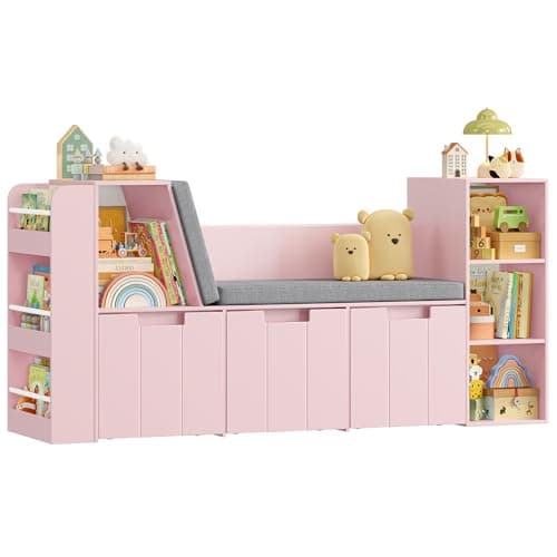Image of HOCSOK Kids Bookshelf, Children's Bookcase with Reading Nook, 4-in-1 Toy Storage Unit with Seat Cushion, Toy Organiser with 3 Rolling Toy Chest & 4 Storage Cubes, for Bedroom, Playroom, Nursery, Pink