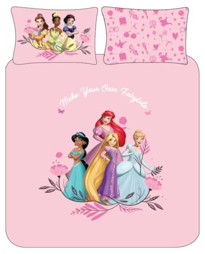 Image of Disney Princess Double Duvet Cover Set – Pink Reversible Girls Bedding | Soft Cotton Blend Quilt Cover with Pillowcases | Official Kids Bed Set UK