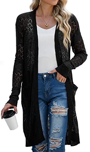 Image of GRECERELLE Womens Summer Beach Cover Up Casual Swimwear Cardigan Long Sleeve Holiday Loose Long Bikini Coverups Kimono for Ladies (Black, L)