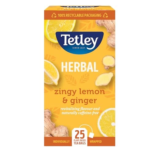 Image of Tetley Zingy Lemon & Ginger Herbal Tea Bags - Naturally Caffeine-Free - Perfectly Balanced Citrus & Spice Infusion - Ideal for Relaxation - Rainforest Alliance Certified - 25 Teabags (1 Pack)