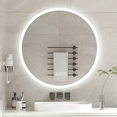 Image of furduzz Round Bathroom Mirror with LED Lights, Illuminated 500mm Backlit Bathroom LED Mirror with Touch Switch 3 LED Light Color Dimmable Demister Memory Function