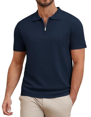 Image of COOFANDY Mens Short Sleeve Polo Shirt Zip Polo Knitted Summer Poloshirt Ice Golf Polo T-Shirts Navy M