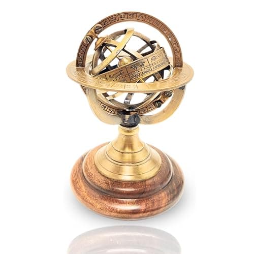 Image of HIGHSTREET NAUTICAL Antique Style Nautical Brass Armillary Sphere World Globe Astrolabe Mounted on Wooden Base - Perfect Decor Accent for Office