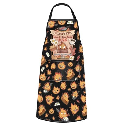 Image of POFULL Anime Inspired Apron Calcifer Anime Lover Gift Housewarming Gift Calcifer's Cafe May All Your Bacon Burn Apron (CALCIFER'S CAFE)