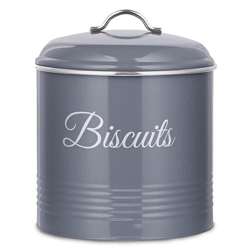 Image of Innoteck Biscuit Tin - Airtight Metal Cookie Tin with Lid, Versatile Biscuit Storage Jar with 5.3L Capacity, Rust Resistant Cookie Jar with Labelled Design for Storing Snacks & Kitchen Use, Grey