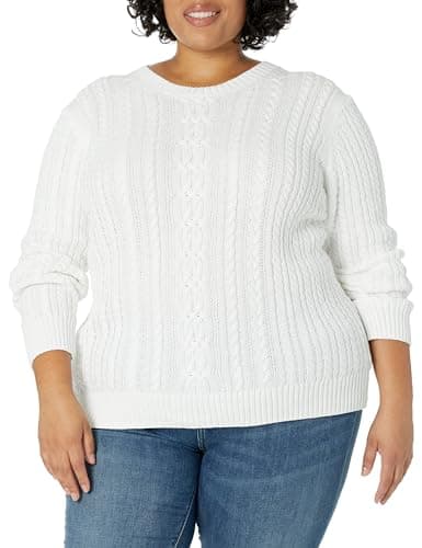 Image of Amazon Essentials Women's Fisherman Cable Knit Long-Sleeve Crewneck Jumper (Available in Plus Size), White, M