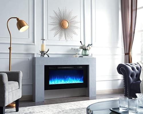 Image of FLAMME Carmaux 55" / 141cm Freestanding Electric Fireplace Suite, 3 Flame Colours, 2000W Heater, Log set or Crystal Fuel Bed with Remote Control Cement Grey