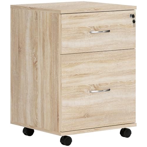 Image of HOMCOM 2 Drawer Lockable Filing Cabinet with Wheels, Mobile Filing Cabinet for Home Office, Small Printer Stand, Oak Wood Grain