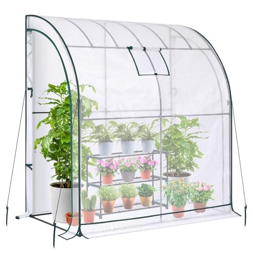 Image of Lean to Greenhouse with Free Shelving unit, Ohuhu Portable Walk-in Green House with Mesh Windows Reinforced Lean-to Greenhouses with 2 Roll-Up Zipper Doors for Indoor & Outdoor White 200x100x210 cm
