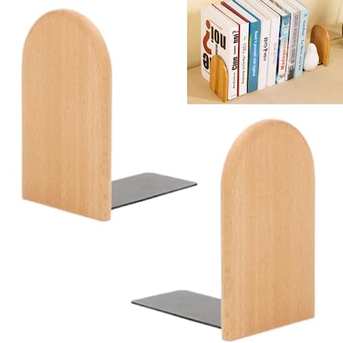 Image of KARBAG Book Ends, 2 Pack Natural Bamboo Bookend Heavy Duty Bookends Walnut Wood Bookends Wooden Book Stopper Bookshelf Ends Decorative Book Ends for Shelves Office Home School Dorm Library(Round Head)