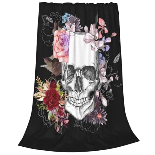 Image of Newhomestyle Skull Flowers Throw Blanket, Happy Halloween Lightweight All Seasons Warm Skull Theme Fleece Blanket for Girl Women, Black Fuzzy Anti-pilling Warm Blanket for Bed Couch Sofa (100X125 cm)