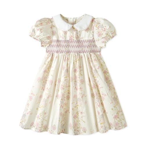 Image of Miipat Toddler Girls Smocked Floral Dress Vintage Kids Casual Dress Puff Sleeve Peter Pan Collar Cotton Little Girl Summer Dresses(Pinkfloralprint,2-3Years)