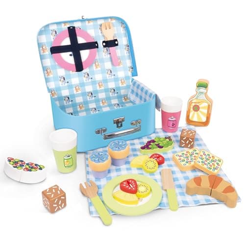 Image of Bluey – Picnic Basket Set – 30-Piece Wooden Roleplay Toy for Kids with Carry Case, Cutlery & Pretend Food – Made from FSC-Certified Materials – Creative & Engaging Play Kit for Ages 3 and Up