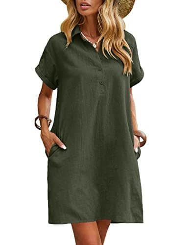 Image of Zeagoo Womens Summer Dresses Casual Short Sleeve Midi Cotton Linen Sundress with Pockets Army Green XXL