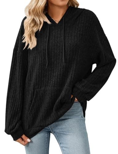 Image of Gemulate Hooded Tops for women uk,Women's Long Sleeve Loose Jumpers Sweatshirt Casual Sweater Hoodie Black X-Large