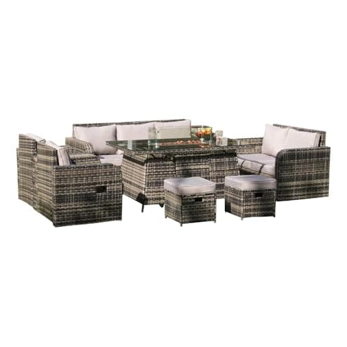 Image of Alivio 9 Seater Rattan Furniture Set Built-In Propane Fire Pit, Luxury PE Rattan Garden Seating Anti-UV Cushions with 1 x Three-Seater Sofa, 2 x Side Table, 1 x Barbecue Table, 2 x Stool, 1 x Two Sofa