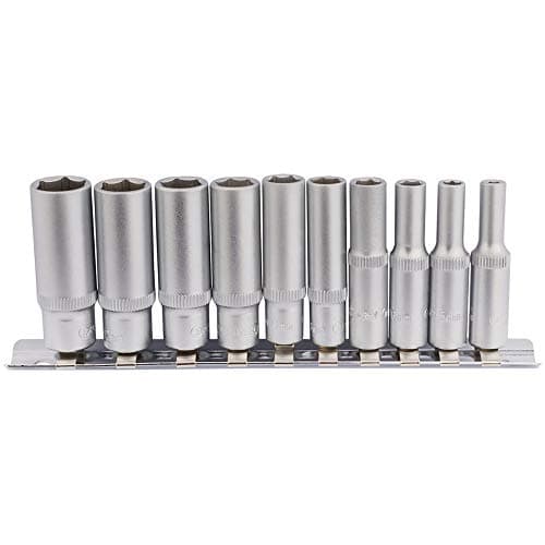 Image of Draper 10 Piece 1/4" Deep Socket Set | 6 Point Hex Socket | Square Drive Hand Tools | Chrome Vanadium Steel Wrench Accessory | Metal Rail | 16399