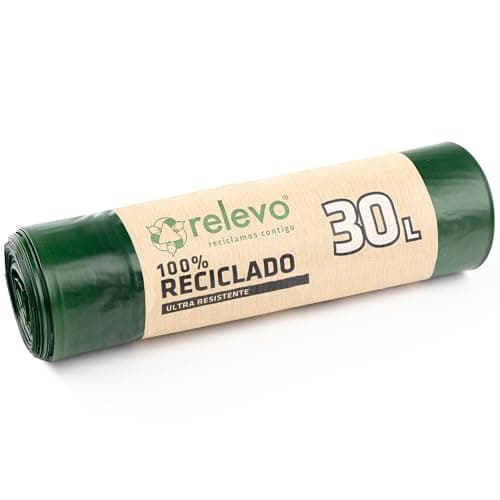 Image of Relevo Green Drawstring Bin Bags - 30L (Width 55 cm x Height 60 cm), 15 Bags per Roll | Extra Strong Bin Liners | 100% Recycled LDPE from Greenhouses | Made in Spain – Blue Angel Certified