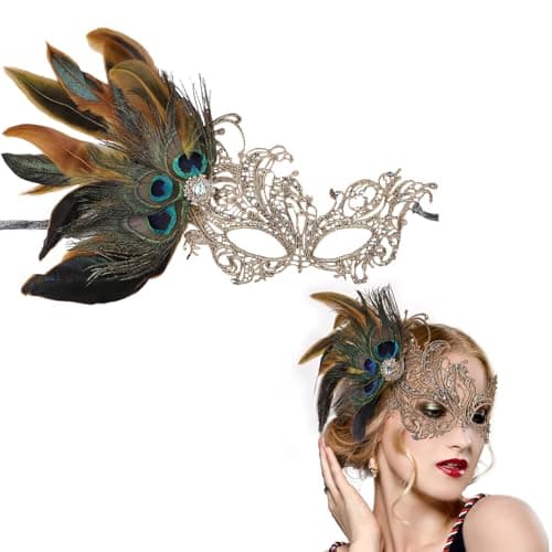 Image of Celblisora Lace Masquerade Masks for Women - 1920s Peacock Feather Venetian Mask for Halloween Couples Mardi Gras Ball
