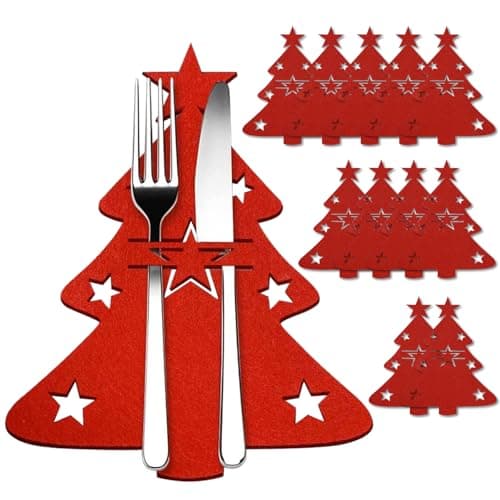 Image of Cyleibe Pack of 12 Cutlery Holders Christmas Felt Cutlery Bag Christmas Tree Cutlery Bag Christmas Decoration Table Decoration Red Christmas Knife Forks Spoons Tableware Cutlery Bags for Party Table