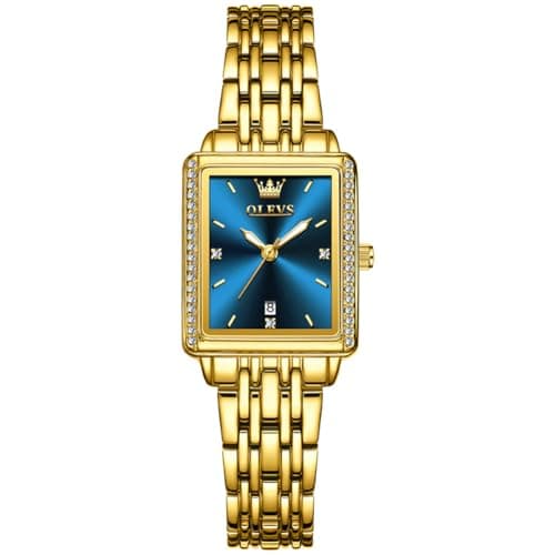Image of OLEVS Watches Women Luxury Classic Blue Diamond Square Watches for Women Gold Stainless Steel Analog Quartz Women's Wrist Watch Small Face Luminous Waterproof with Date Dress Ladies Watch