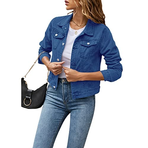 Image of FeMereina Women's Denim Jacket Long Sleeve Cropped Oversize Vintage Boyfriend Button Down Loose Jeans Coat S-XXL (Dark Blue, Medium)