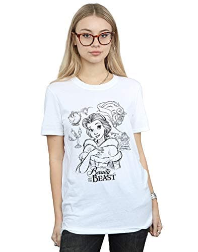 Image of Disney Women's Beauty and The Beast Collage Sketch Boyfriend Fit T-Shirt White XXXX-Large