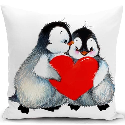 Image of KUNQIAN Penguin Cushion Cover Wedding for Him Her Couple Boyfriend Girlfriend Engagement Birthday Mothers Day Decorations Heart Cute Pillow Case Valentine's Day Decor for Sofa 18"X18"