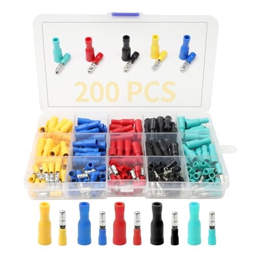 Image of 200 PCS Bullet Connectors, Terminals Crimp Assortment Ring Butt Terminals, Insulated Crimp Terminals Electrical Wire Cable Connectors(Red, Yellow, Blue, Green, Black, 5 Different Sizes)