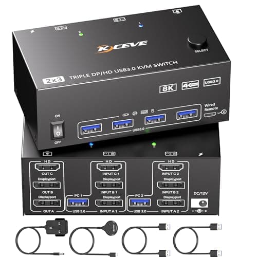 Image of KVM Switch 3 Monitors 2 Computers 8K@60Hz 4K@144Hz, HDMI Displayport KVM Switch Triple Monitor for 2 PC Share 3 Monitor and 4 USB3.0 Devices,Wired Remote and USB Cables Included